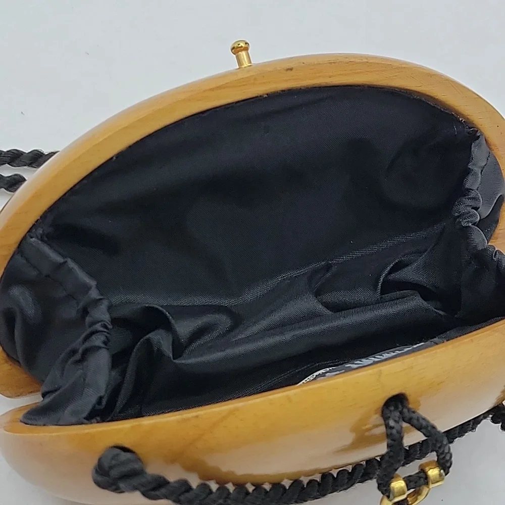 Timmy Woods Beverly Hills Handcrafted Clutch Bag Black Tassel Strap Acacia Wood